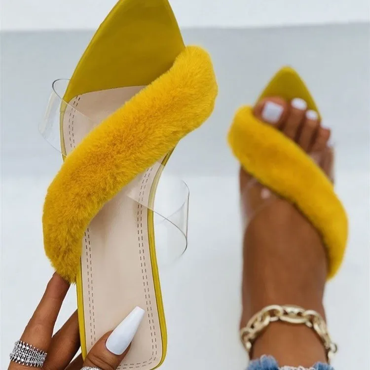 

2021 Casual Women High Heel PU Round Luxury Heel Jelly Female Slide Thigh High Boot Ankle Lady Fur Party Heel Dress Shoe