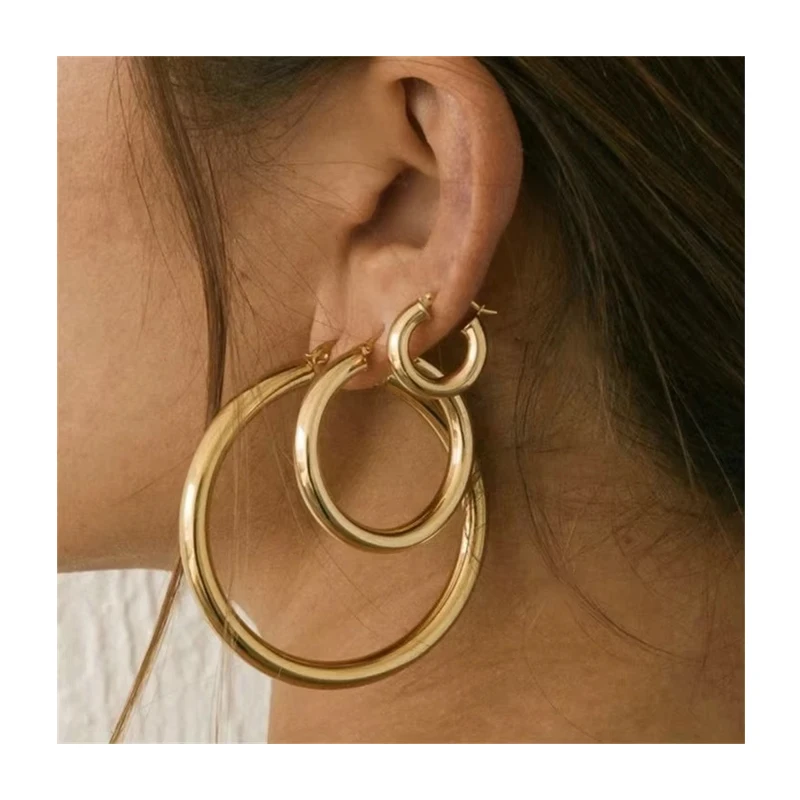 EManco 30/40/50MM 18K Gold Plated Trendy Exaggerated Round Hoop Earrings Stainless Steel Non-Tarnish Big Party Earrings