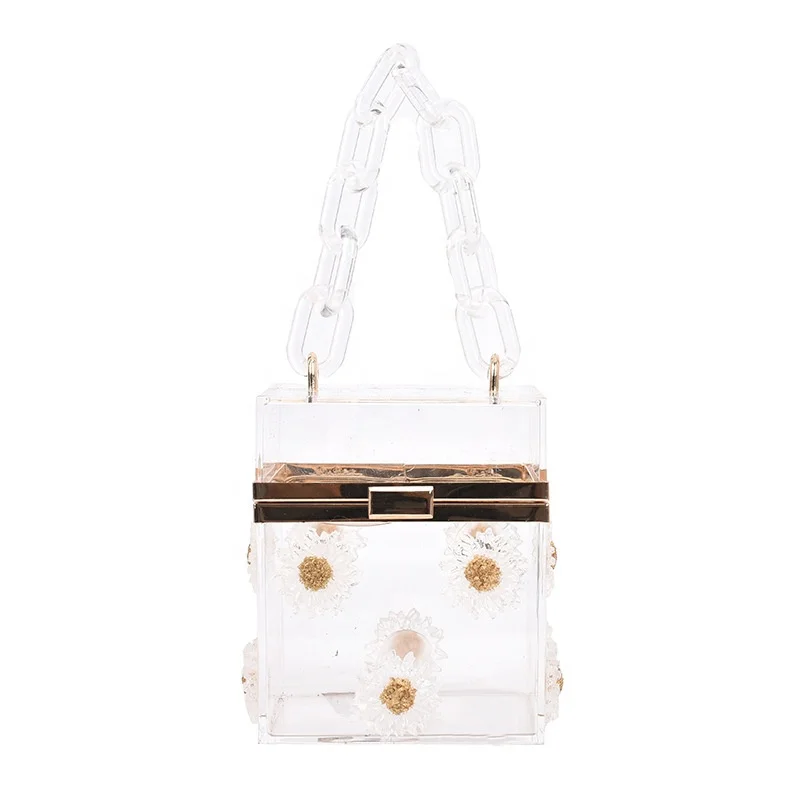 

Fashion Flower Printing Square handbags Cross Chain Shoulder Girl Duffle Cosmetic Purse Bags Women PVC White Clear Bag
