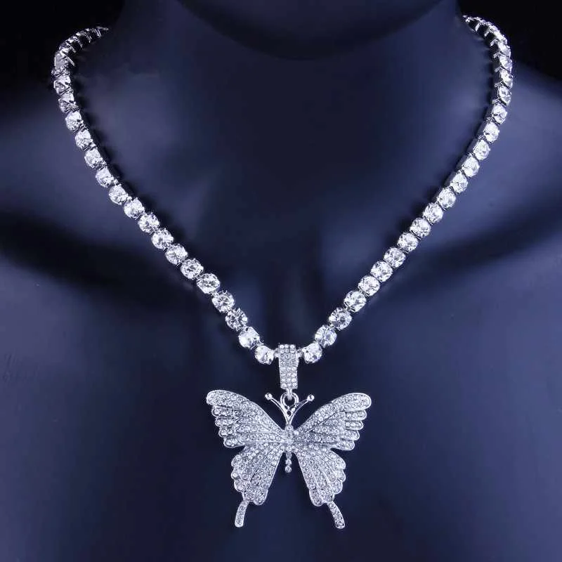 

2021 New Big Butterfly Pendant Necklace Hip-Hop Trend Tennis Chain Accessories Shiny Street Jewelry