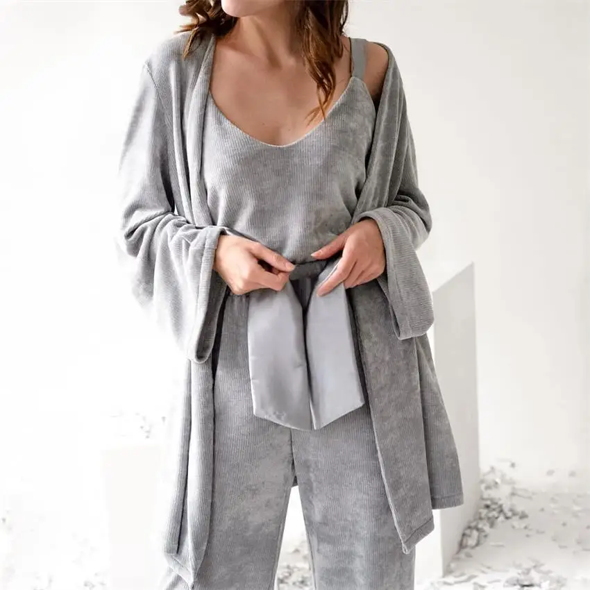 

custom logo solid color pit corduroy knitting loungewear autumn winter sling vest robe three piece set warm home sexy pajamas