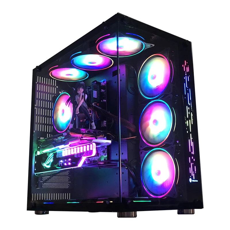 

Wide-body design ATX case side fan position tempered glass gaming case, Black