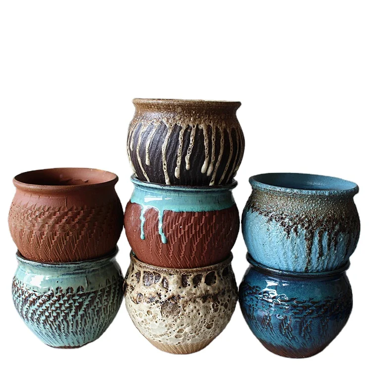 

Indoor Home Decoration Retro Stoneware Flower Pot Succulent Plant Pots, Red/blue/black/white