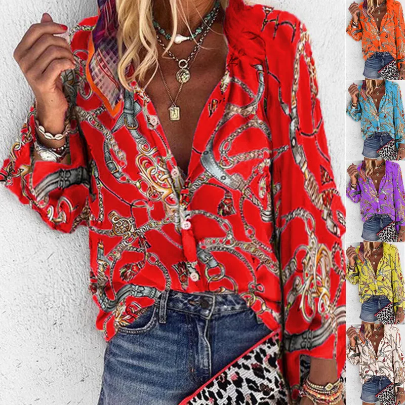 

2021 NEW Women Fashion Long Sleeve Blouse Lapel Printing Shirt Button Plus Size Tops Chemise Femme, Picture shows