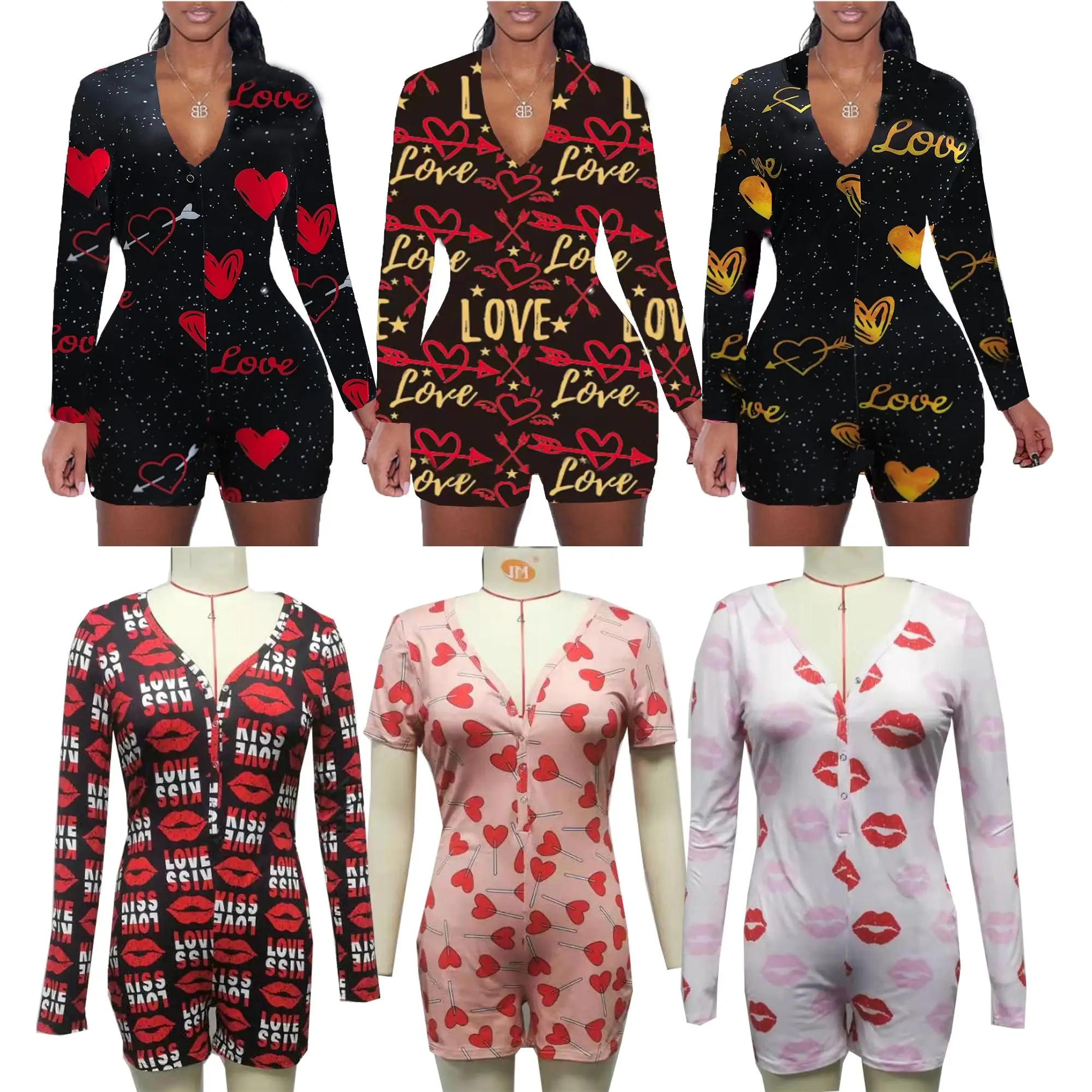 

2022 valentines onesies plus size short sleeve nightwear onesie with butt flap pajama sets for women, Customized color