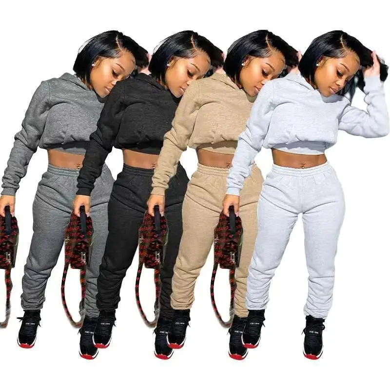 

2021 Fall Clothes Matching Jogging Outfits Solid Long Sleeve Hoodie Women Sweatsuit Set Tracksuit Crop Top Two Piece Pants Set, Customized color