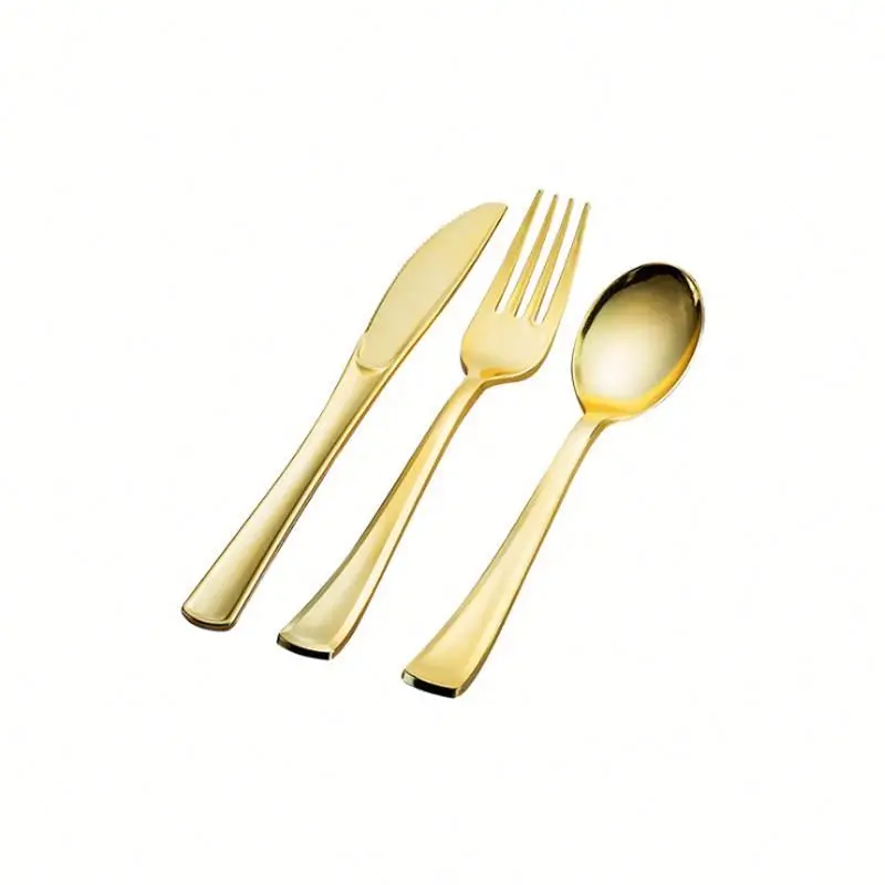 

Disposable flatware silverware gold plastic spoons forks and knives cutlery set with napkin for wedding gift events