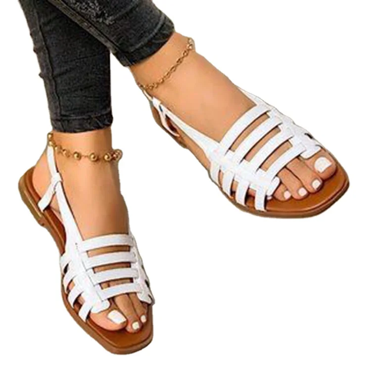 

Amazon AliExpress Hot Selling Beach Lady Sandals Plus Size Candy Color Woven Flat Open Toe Ankle Strap Sandals For Girls