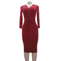 

7192#guangzhou long sleeve v neck chic zipper waistband casual dress ladies elegant cocktail party dress