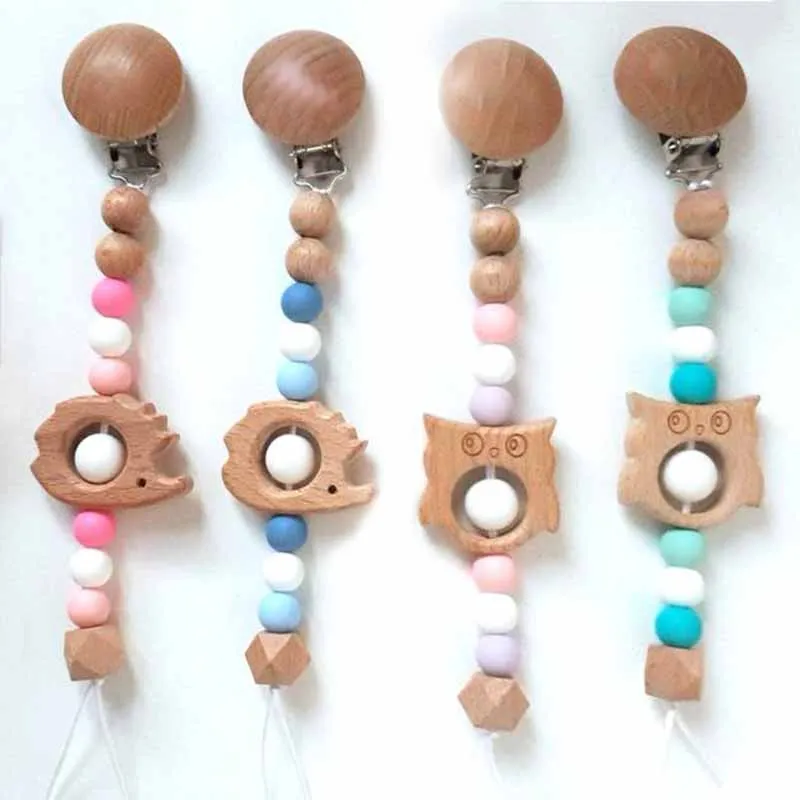 

Newborn Baby Silicone Beech Wooden Animal Beads Teething Nipple Holder Chain