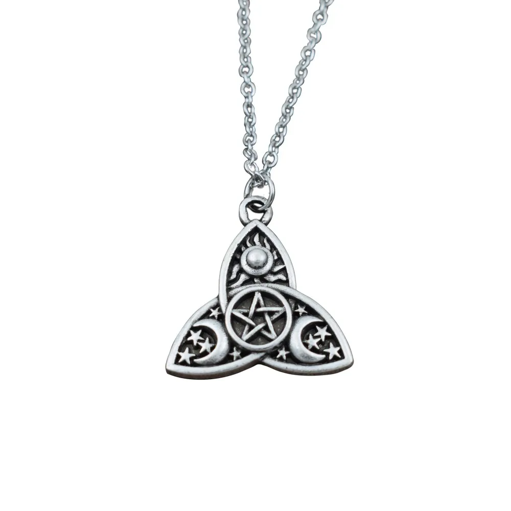 

Triple Moon Triquetra Pentacle Necklace Pagan Wicca Goddess Pendant Necklace