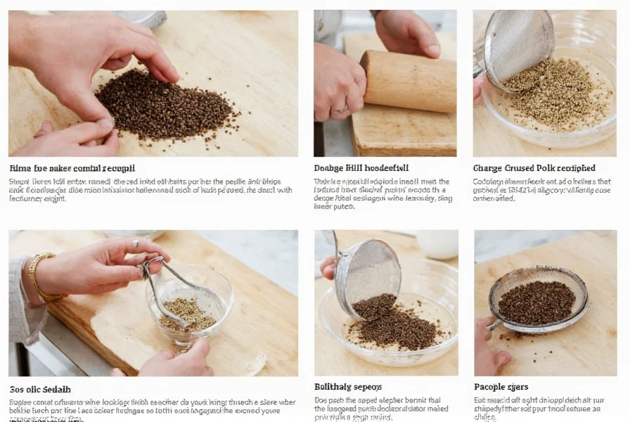 Step-by-step process showing how to make crushed pepper at home using a rolling pin and mesh sieve