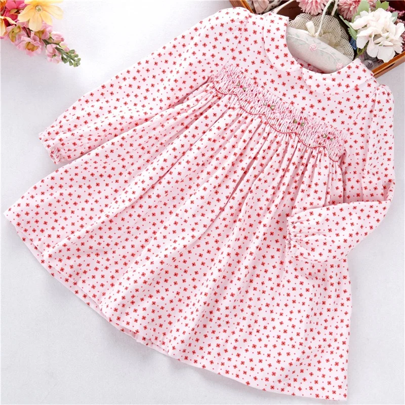 

C05868 winter flower girls' dresses long sleeve smocked pink corduroy children wholesale kids clothing