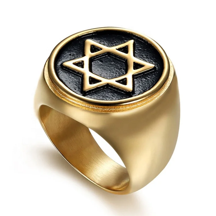 

China Factory Custom Ring Religious Men Stamp Ring Gold Plated Silver Plated Religious Symbol Star Ring