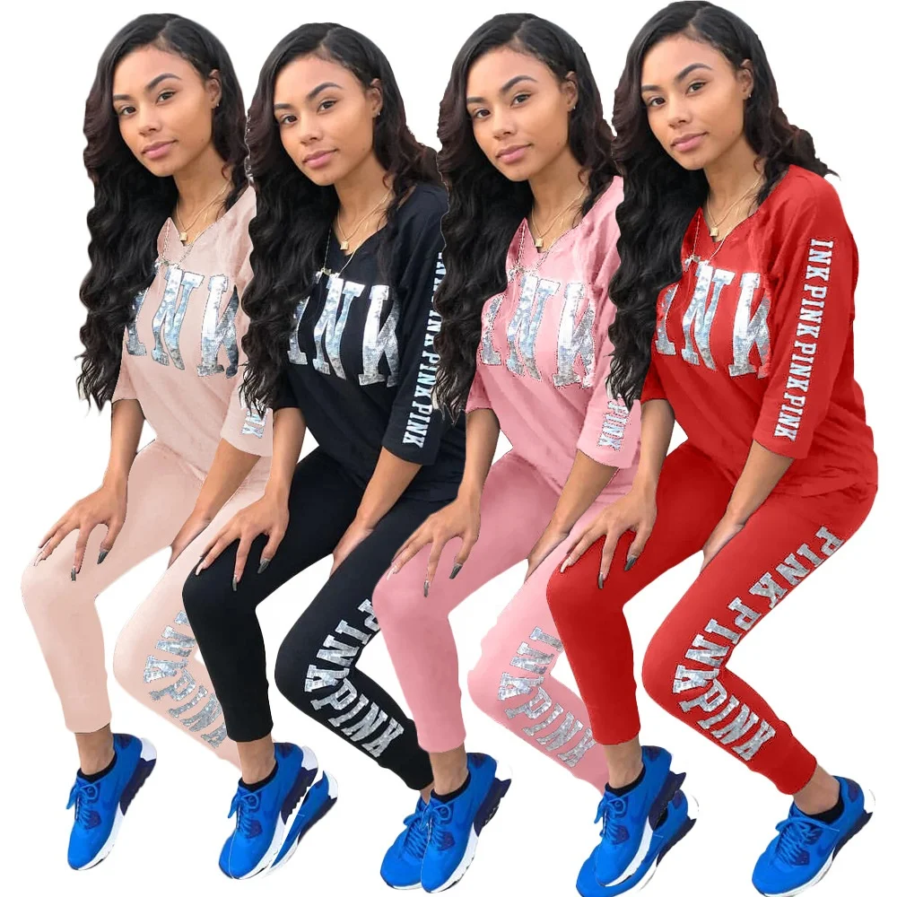 

MT28-6061 Hot sale classic letter offset printing solid color pants suit two-piece suit