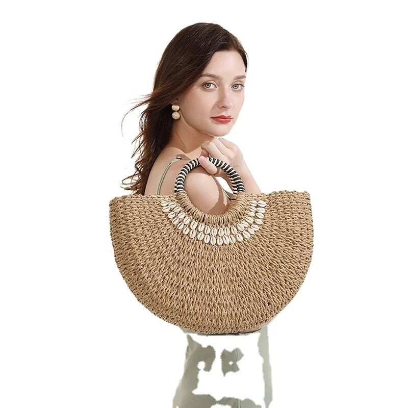 

Factory wholesale fashion summer beach half-moon shell decorative straw ladies one-shoulder cross-body bag