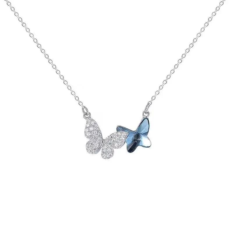 

Fashion High Quality Jewelry 925 Sterling Silver Double Butterfly Crystal Pendant Women Necklace, Blue