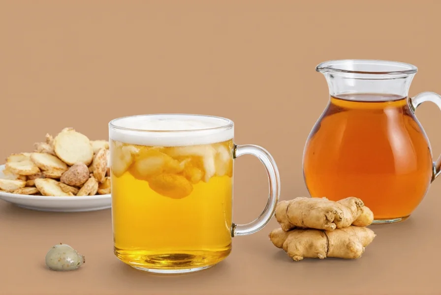Various ginger tea variations in glass mugs with fresh ingredients displayed