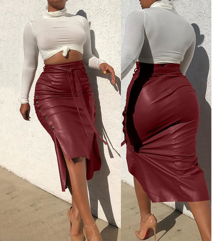 

New style 2022 plus size lady midi skirt female slim bum lift faux leather Half-length hip skirt women pu leather skirt