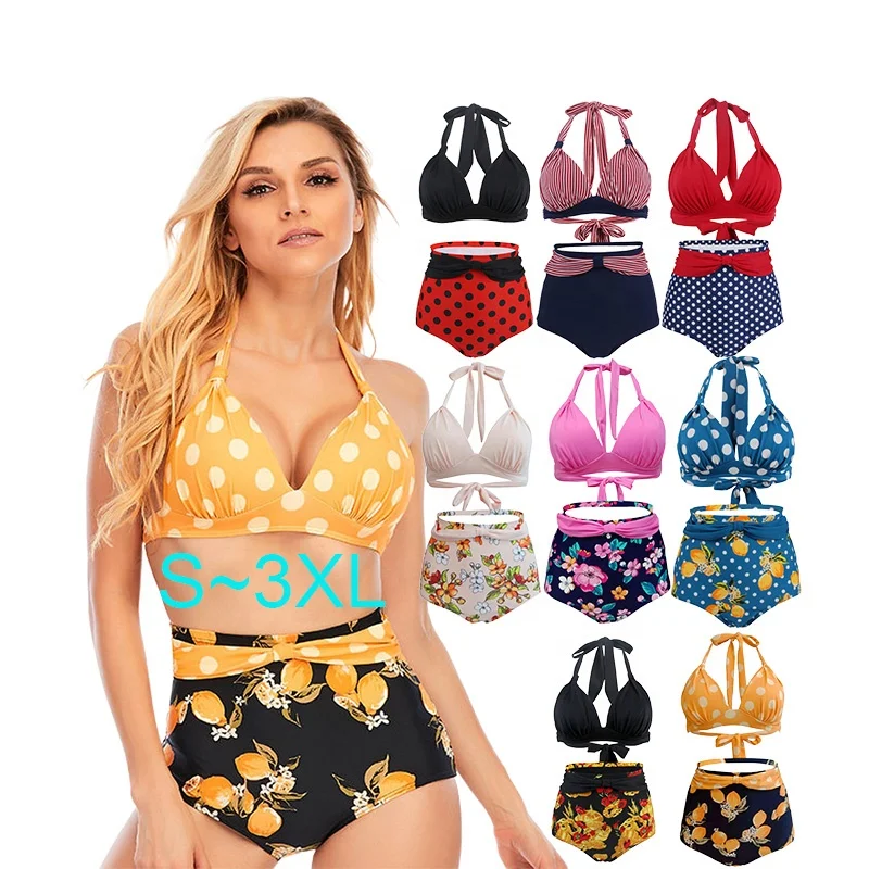 

2021 Halter Bathing Suits 2 Pieces Sets Highwaisted Swimsuit Swimwear Beachwear Sexy Printed High Waist Bikini