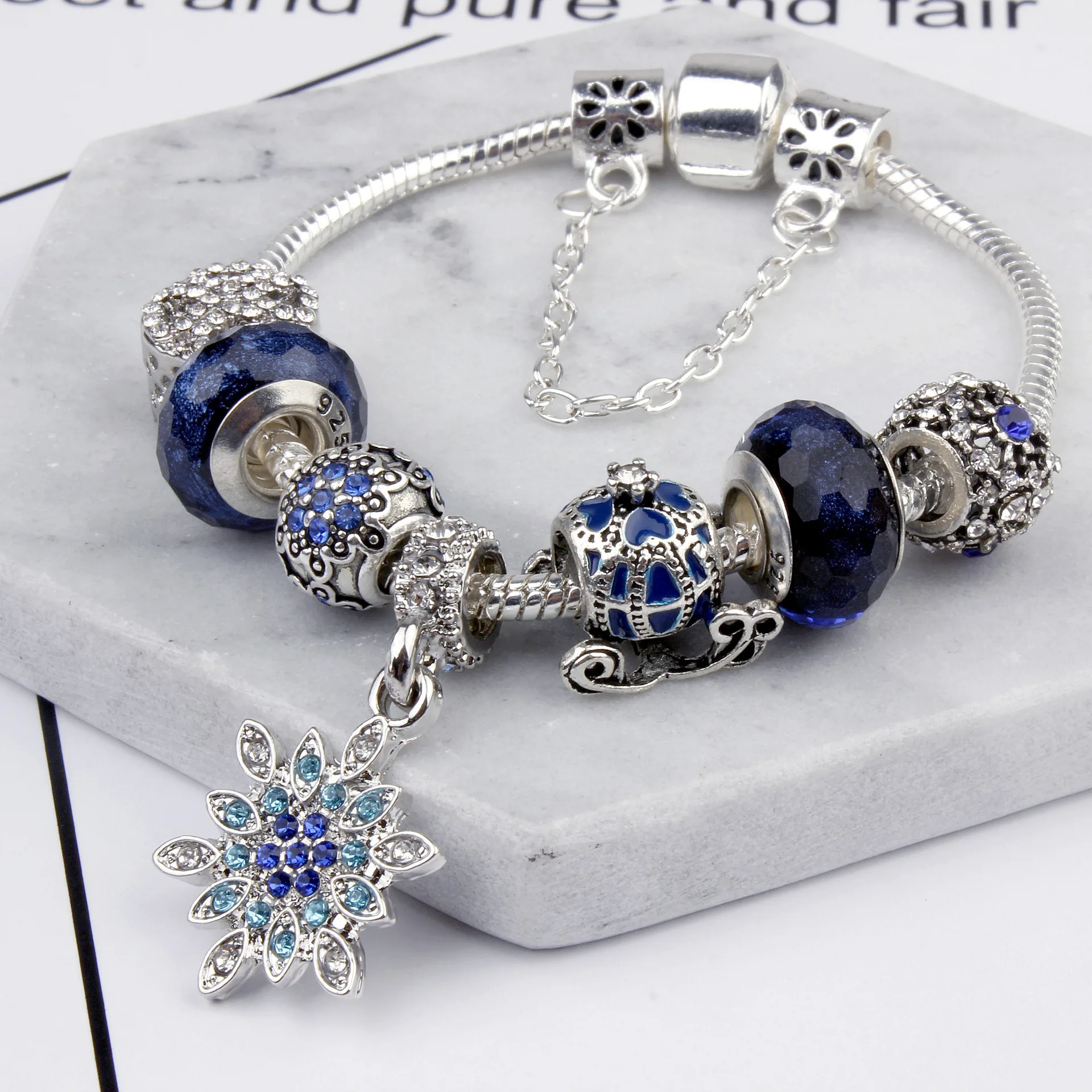 

Top Quality Gemstone Sapphire snowflake pendant girl party Charm Bracelet Alloy Bracelets For women