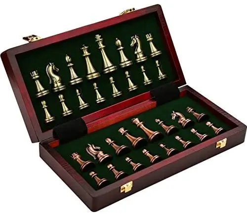

International Chess Set with Folding Wooden Chess Board and Classic Handmade Standard Pieces Metal Chess Set for Kids Adult