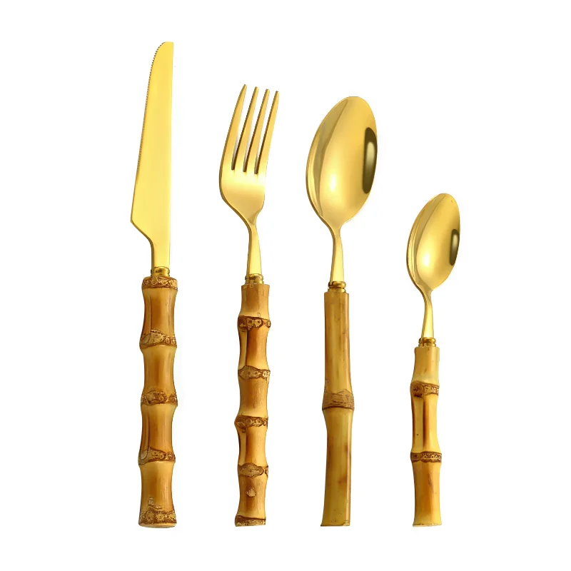 

Hot sale luxury Gold set real natural bamboo handle stainless steel flatware Gold Bamboo handle cutlery set