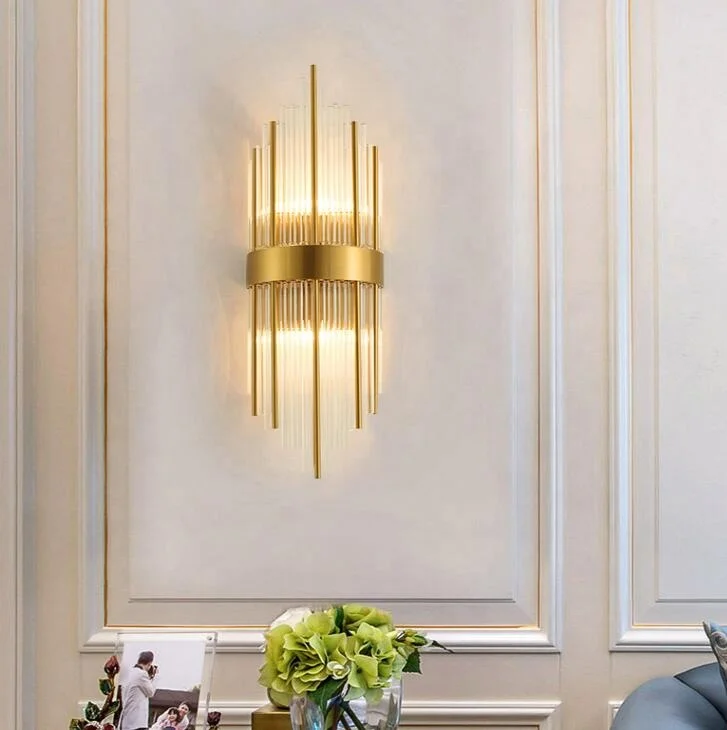Modern Wall Light Titanium Gold Crystal Indoor Lighting Bedside Hallway E14 Metal Wall Lamp 45cm Height Customizable Logo