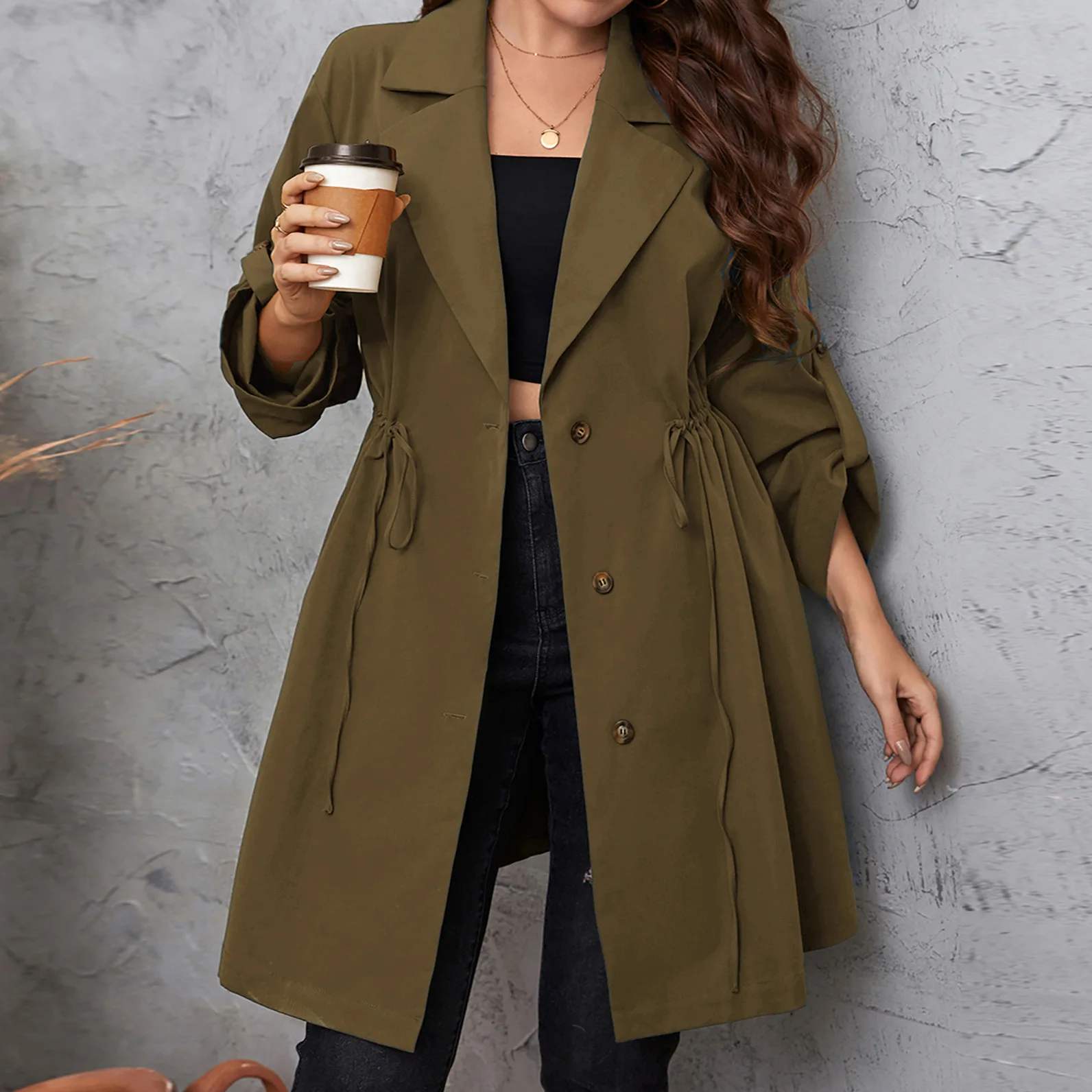 Spring New Women's Clothing Loose Mid Length Draped Style Trench Coat With a Slimming Drawstring Jacket