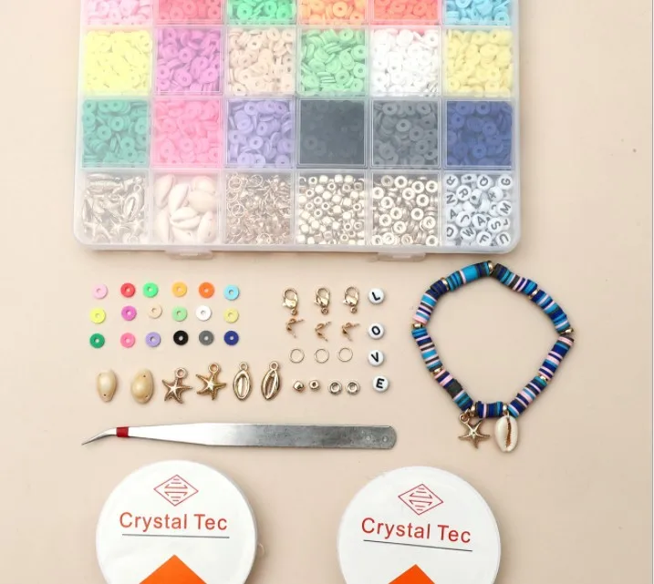 

DIY Craft Beads Kit colorful Polymer Clay letter Beads for bracelets Jewelry Making With starfish shell charm in Organizer Box, As picture