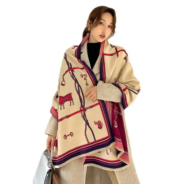 

Luxury Letter Print Winter Scarf Women Cashmere Warm Pashmina Foulard Female Scarves Long Blanket Thick Soft Shawls Wraps, Customized color