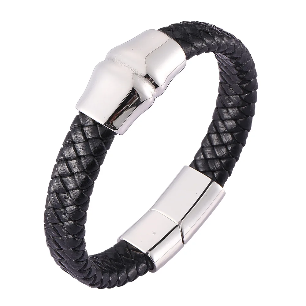 

Simple Bone Magnetic Buckle Stainless Steel Black Genuine Men Leather Bracelet Cuff