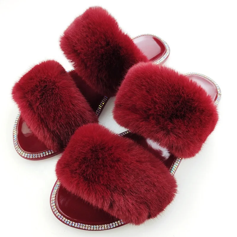 

Fashion Women Fur Slippers Hand-made Rhinestone Faux Fur Flat Slide for Ladies Luxury Furry Slippers For Women