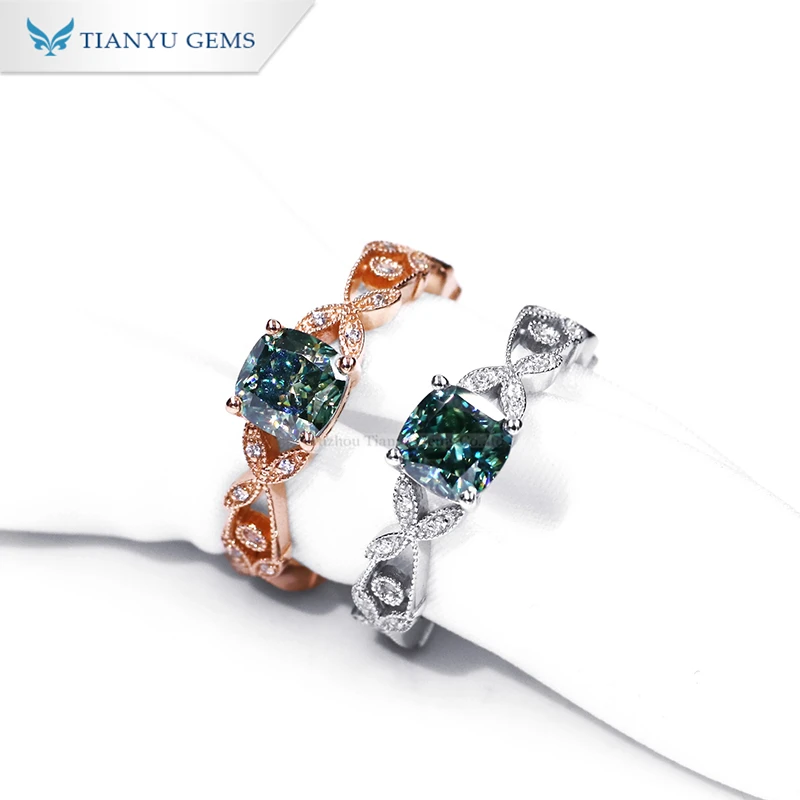 

Tianyu Gems Sliver Jewelry Ring 18K White and Rose Gold Plated Green Cushion Moissanite Wholesale Vintage Ring