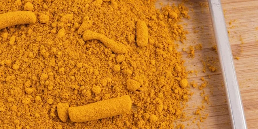 Bowl of colorful curry powder with fresh spices around it