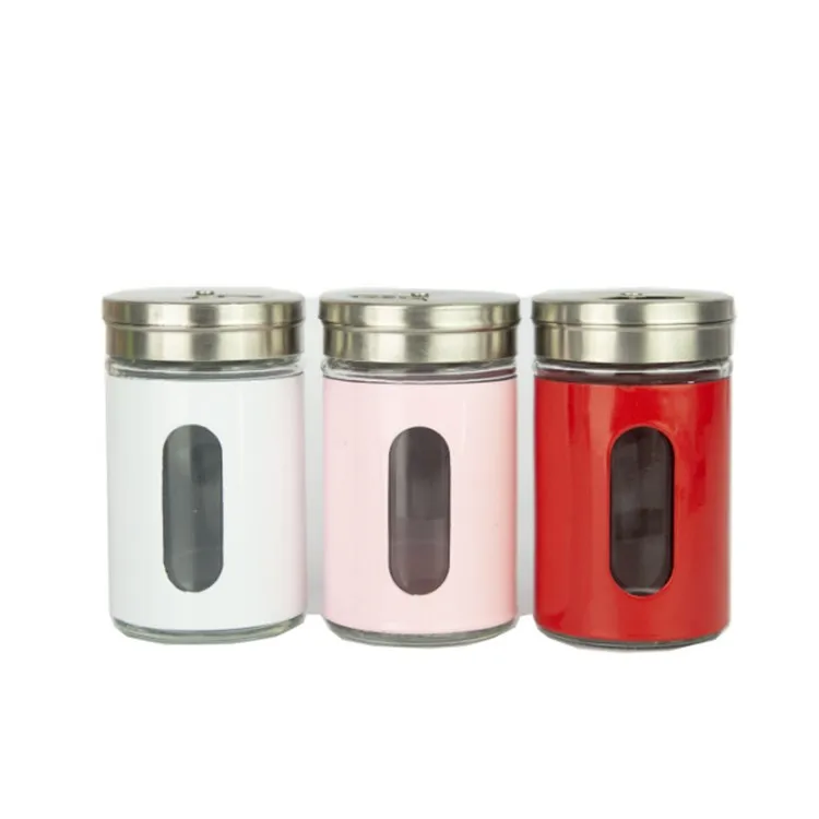 

custom black red white green plastic shell glass bottle with stainless steel sifter cap table spice salt and pepper shaker, Customized