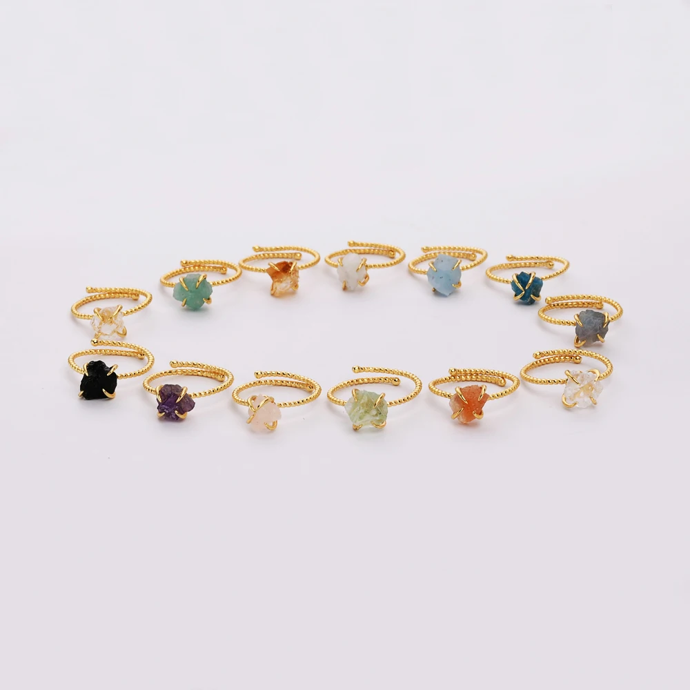 

SS205 Gold plated solid Sterling Silver Aquamarine Healing Crystal Ring Genuine Raw Crystal Rings