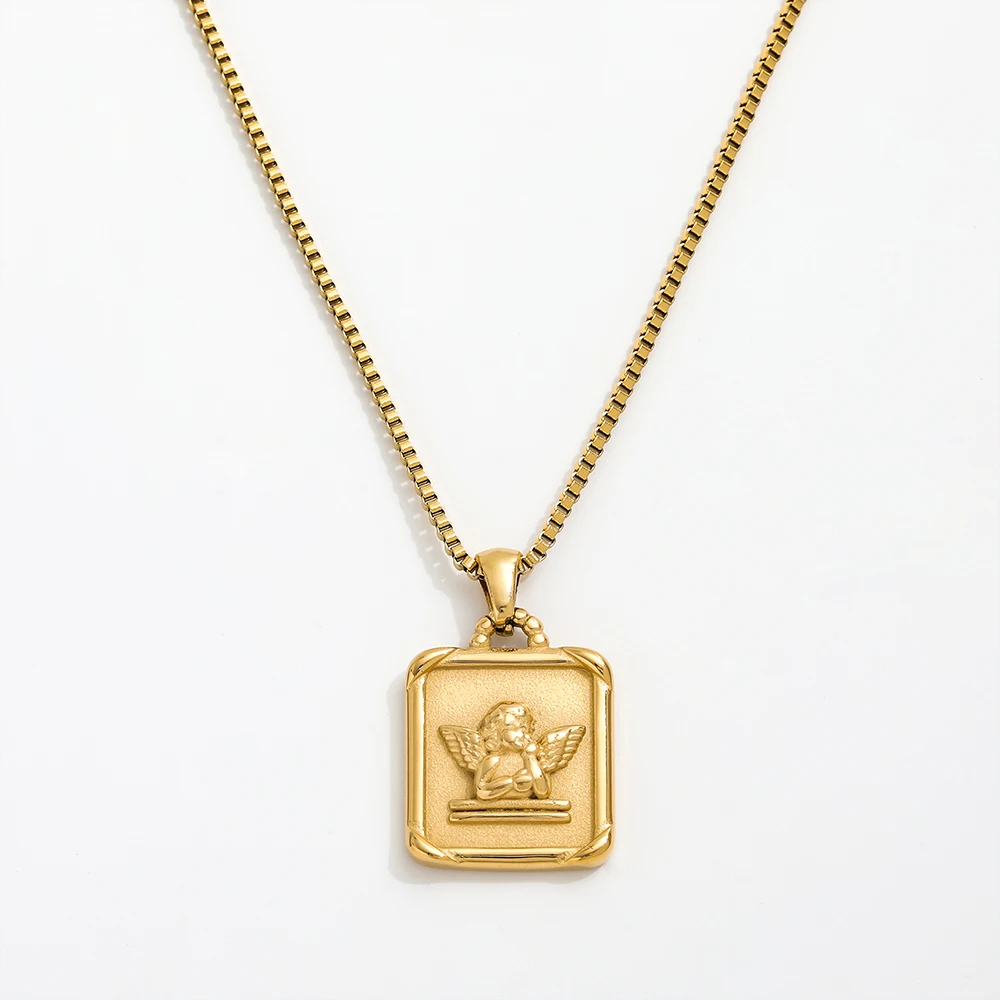 Joolim Jewelry 18K Gold Plated Rectangle Angel Stainless Steel Pendant Necklace Trendy Jewelry