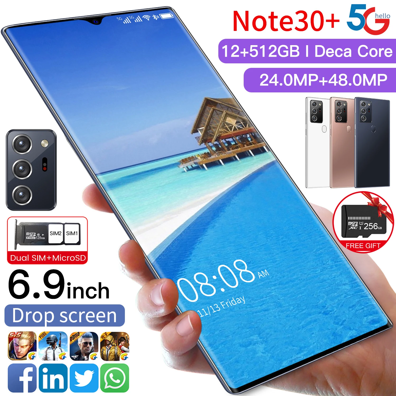 

Note30+ 6.9 inch 3840x2160 MTK6799 Android10.0 Smartphones 12GB+512GB 5G Cellphones 5600mAh Large Capacity Mobile Phone, Customized color