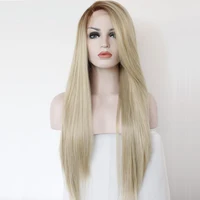 

Heat Resistant Fiber Hair Brown Roots Ombre Blonde Side Part Glueless Lace Front 22" Long Straight Synthetic Wig for White Women