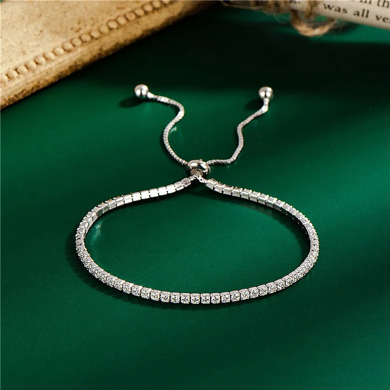 

S925 Silver Slide Chain Bling Square CZ Zirconia Bracelet Adjustable 925 Silver One Row Cubic Zircon Bracelet