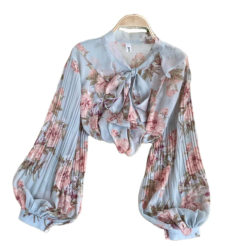 

Women Floral Shirt Vintage Blouses Casual Shirts Lantern Sleeve Shirt Korean Elegant Pleated Bandage Blouse Chiffon Sexy Tops