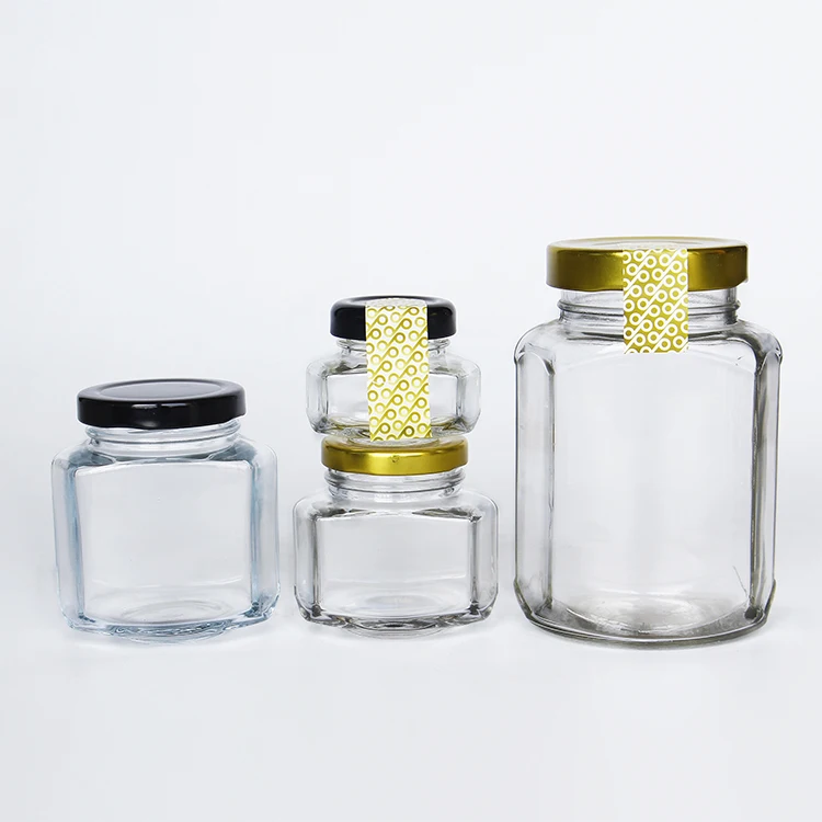 

100ml 180ml 270ml 375ml New type custom oval hex honey glass jars for jam with lid, Clear