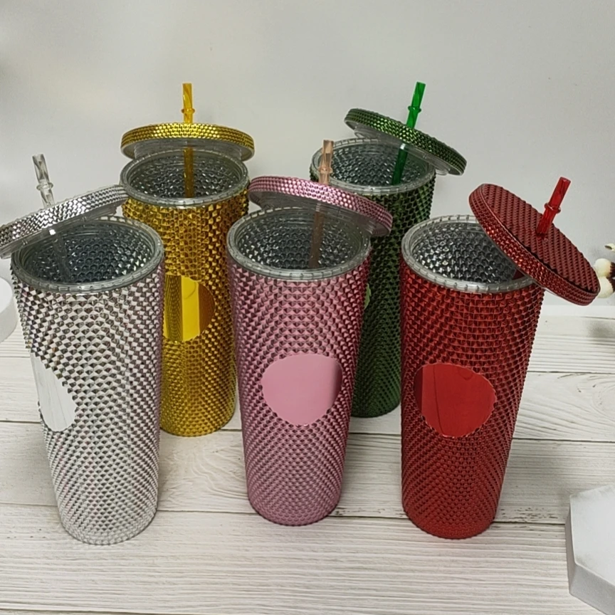 

Hot Sale 16oz 24oz Double Wall Bling Studded Tumbler Cold Cup Plastic Party Tumbler with Straw and Lid, 26 kinds of color