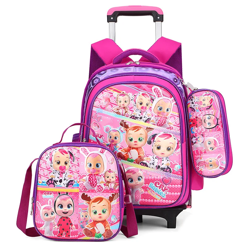 

New Design Girls Trolley Backpack 3D Kids School Book Bags With Wheels, Customized color