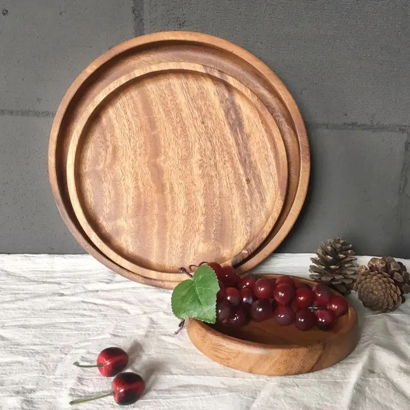 

Amazon Hotsales 10inch Natural Wooden Steak Serving Customized Logo Wholesale Souvenir Round Acacia Wood Dinner Plate, Wood color