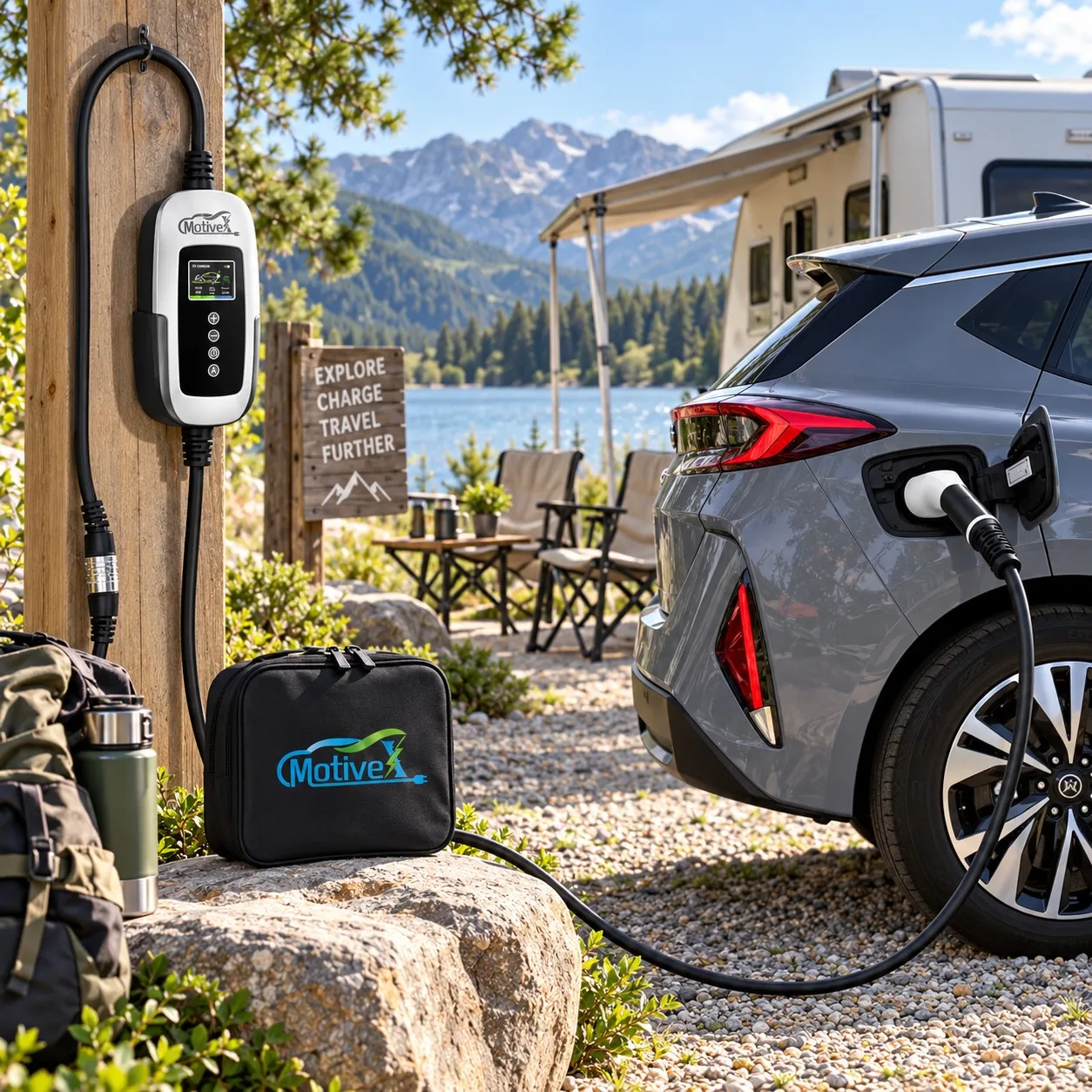 MotiveX portable charger with carrying case hung on a wooden post at a lakeside campsite, charging a car parked beside a caravan and mountain view