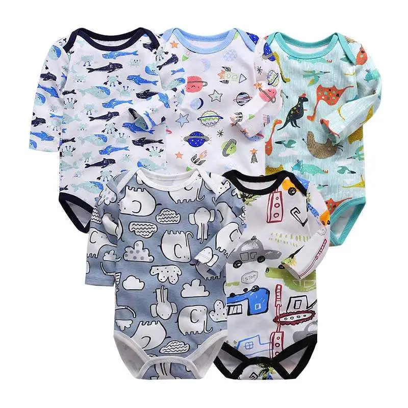 

Ready to Ship 5Pcs Knit Baby Clothes Print Long Sleeve Romper Baby 100%Cotton Organic Baby Bodysuit, Mix color