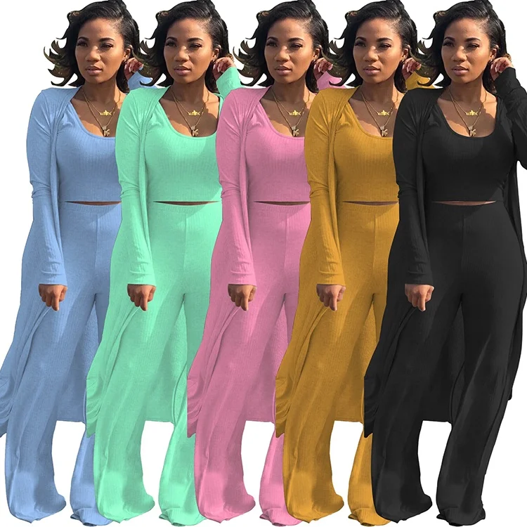 

Solid Color Long Sleeves Coat Pants Tracksuit Casual Outfit Fall Clothes 3 Piece Set Women, Multiple colour
