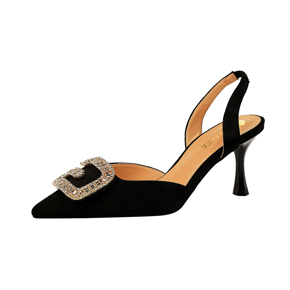 

896-2 Banquet women's shoes high-heeled shallow mouth pointed suede hollowed out with metal rhinestone buckle sandals